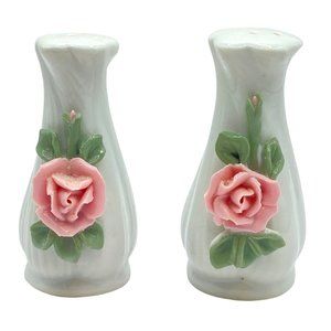 Mini White Porcelain Rose Leaf Salt and Pepper Shaker Set Pink Applied Floral 3"